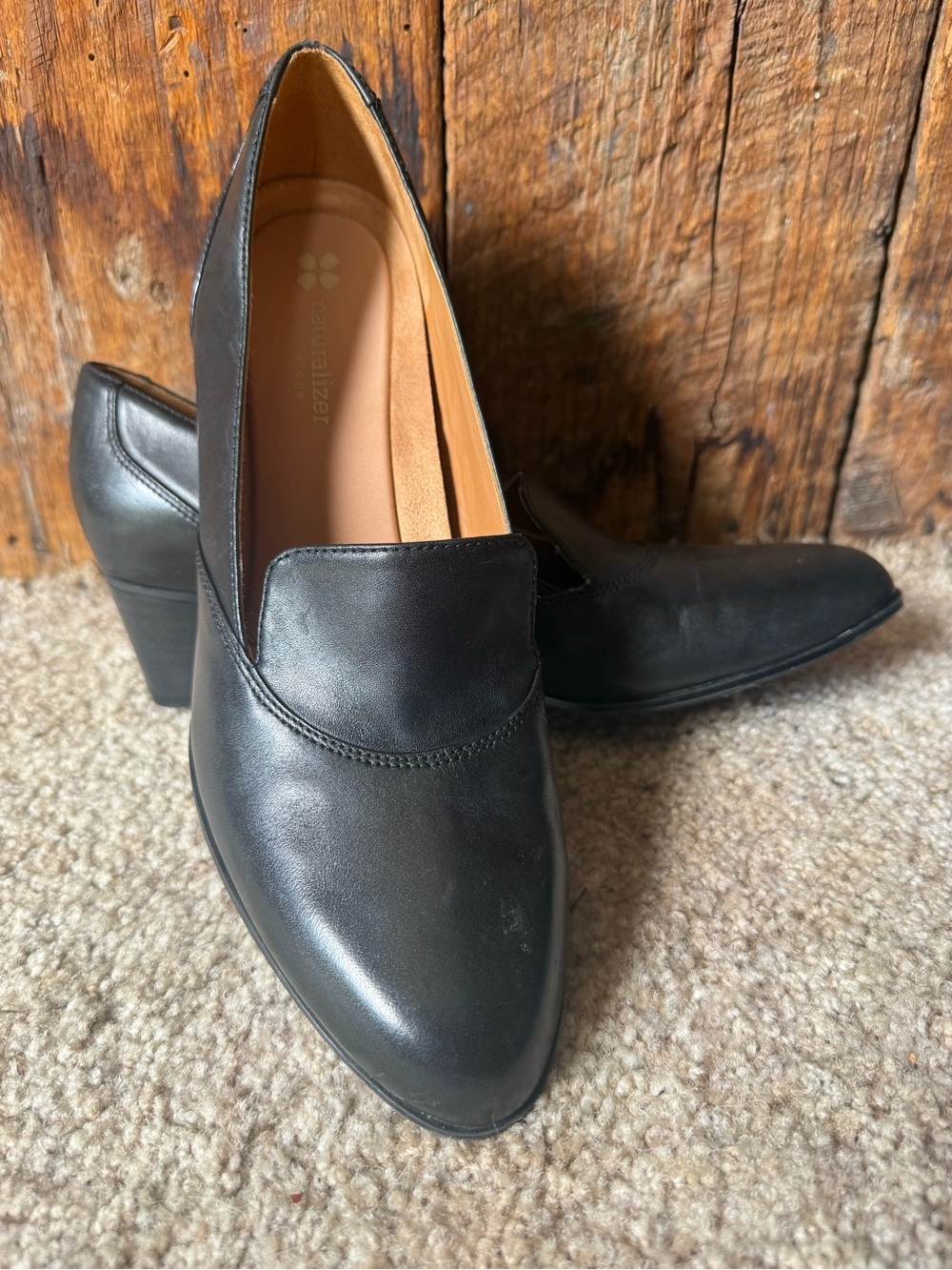 Naturalizer Black Leather Block Heel Slip-On Loafers